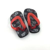 Flowers Black & Red Flip Flops - Girls Size 4/5