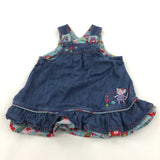 Cat & Flowers Embroidered Mid Blue Lightweight Denim Dress - Girls 3-6 Months