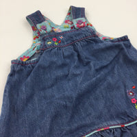 Cat & Flowers Embroidered Mid Blue Lightweight Denim Dress - Girls 3-6 Months