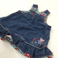 Cat & Flowers Embroidered Mid Blue Lightweight Denim Dress - Girls 3-6 Months