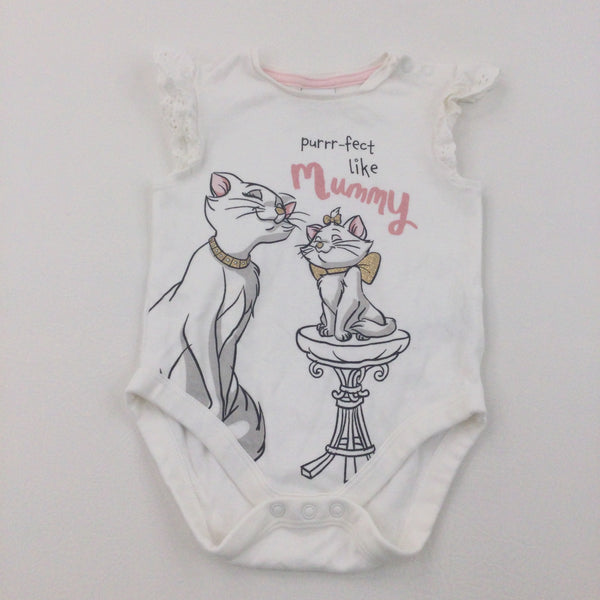 'Purr-fect Like Mummy' Aristocats Glittery Pink & White Short Sleeve Bodysuit with Frilly Capped Sleeves - Girls 12-18 Months