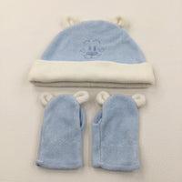 Bear Face Embroidered Blue & Cream Fleece Hat & Mittens Set - Boys 1-3 Years