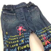 Flowers Embroidered & Words Dark Blue Denim Jeans - Girls 3-6 Months