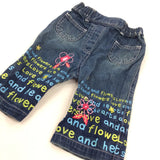 Flowers Embroidered & Words Dark Blue Denim Jeans - Girls 3-6 Months