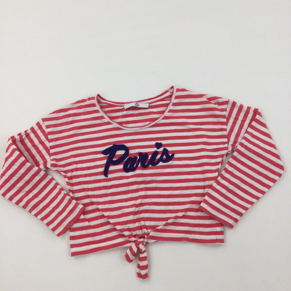 'Paris' Red and White Stripe Tie Front Cropped Long Sleeve Top - Girls 6-7 Years