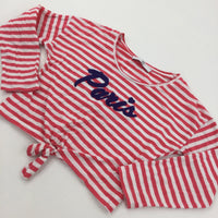 'Paris' Red and White Stripe Tie Front Cropped Long Sleeve Top - Girls 6-7 Years