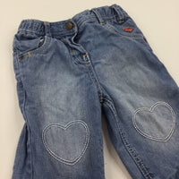 Hearts & Flower Embroidered Lined Mid Blue Denim Jeans - Girls 3-6 Months