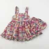 Flowers Embroidered Colourful Checked Cotton Sun/Party Dress & Matching Nappy Pants - Girls 2 Years