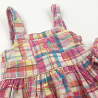 Flowers Embroidered Colourful Checked Cotton Sun/Party Dress & Matching Nappy Pants - Girls 2 Years