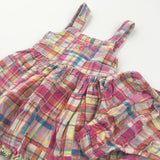 Flowers Embroidered Colourful Checked Cotton Sun/Party Dress & Matching Nappy Pants - Girls 2 Years