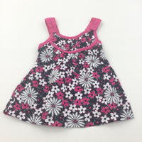 Flowers Dark Pink, Black & White Cotton Sleeveless Blouse - Girls 18-24 Months