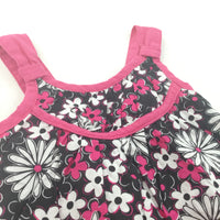 Flowers Dark Pink, Black & White Cotton Sleeveless Blouse - Girls 18-24 Months