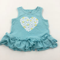 Glittery Flowers Heart Blue Sleeveless Jersey Tunic Top - Girls 2 Years