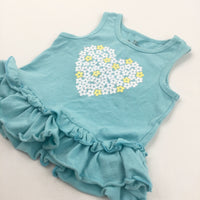 Glittery Flowers Heart Blue Sleeveless Jersey Tunic Top - Girls 2 Years