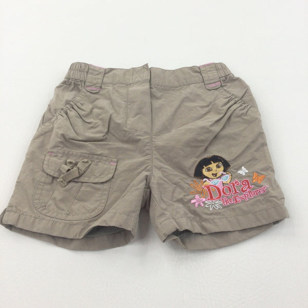 'Dora The Explorer' Embroidered Brown Lightweight Cotton Shorts - Girls 18-24 Months