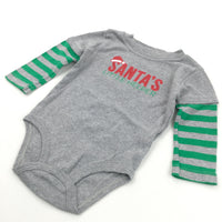 'Santa's Little Helper' Green & Grey Long Sleeve Christmas Bodysuit - Boys/Girls 6-9 Months