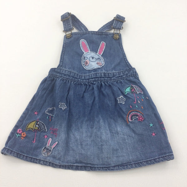 Rabbit, Umbrella & Clouds Appliqued & Embroidered Mid Blue Denim Dungaree Dress - Girls 18-24 Months