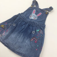 Rabbit, Umbrella & Clouds Appliqued & Embroidered Mid Blue Denim Dungaree Dress - Girls 18-24 Months