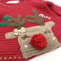 Rudolph Reindeer Appliqued Red Knitted Christmas Jumper - Boys/Girls Newborn