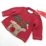 Rudolph Reindeer Appliqued Red Knitted Christmas Jumper - Boys/Girls Newborn