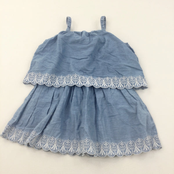 Embroidered Hems Blue Denim Effect Layered Cotton Dress - Girls 2-3 Years