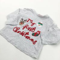 'My First Christmas' Snowman, Stocking & Reindeer Appliqued Grey Long Sleeve Top - Boys/Girls 3-6 Months