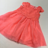 Neon Pink Silky Dress with Lace & Net Overlay - Girls 9-12 Months