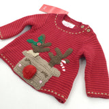 Rudolph Reindeer Appliqued Red Knitted Christmas Jumper - Boys/Girls Newborn