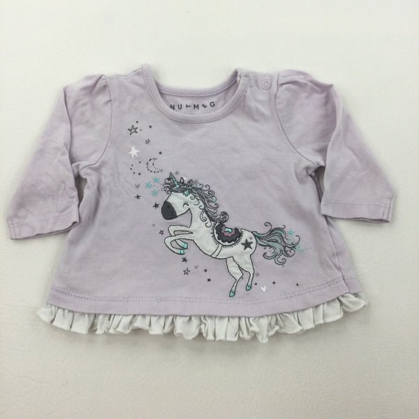 Unicorn Embroidered Ruffle Lilac Long Sleeve Top - Girls Newborn