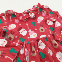 Christmas Trees, Santa, Reindeer & Snowmen Red Jersey Dress - Girls 12-18 Months