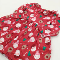 Christmas Trees, Santa, Reindeer & Snowmen Red Jersey Dress - Girls 12-18 Months