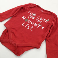 'Too Cute For the Naughty List' Red Long Sleeve Christmas Bodysuit - Boys/Girls 12-18 Months