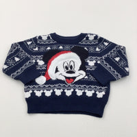 Mickey Mouse Appliqued Navy & White Knitted Christmas Jumper - Boys 0-3 Months