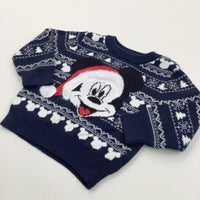 Mickey Mouse Appliqued Navy & White Knitted Christmas Jumper - Boys 0-3 Months