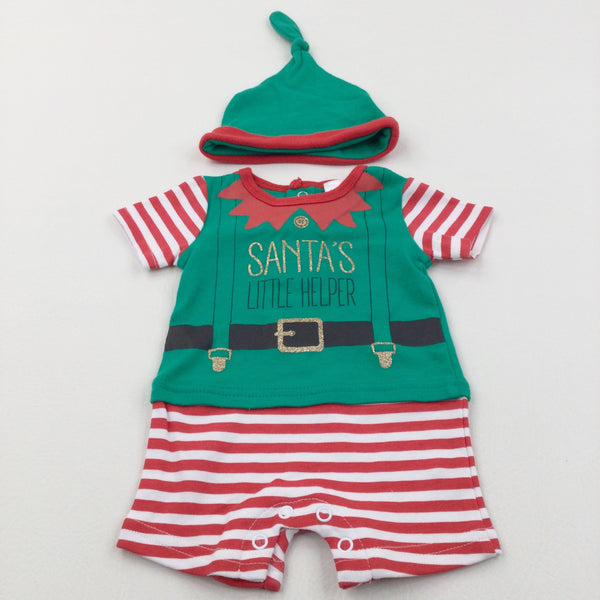'Santa's Little Helper' Elf Green, Red & White Short Sleeve Christmas Bodysuit & Hat Set - Boys/Girls Newborn