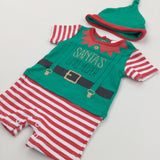'Santa's Little Helper' Elf Green, Red & White Short Sleeve Christmas Bodysuit & Hat Set - Boys/Girls Newborn