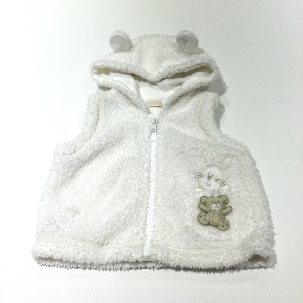 Rabbit & Bear Appliqued Cream Fluffy Fleece Gilet with Hood & Ears - Girls 0-3 Months