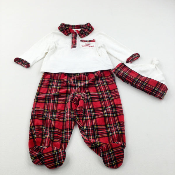 'First Christmas' Tartan Red & White Long Sleeve Top, Velour Enclosed Feet Trousers & Hat Set - Boys 9 Months