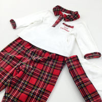 'First Christmas' Tartan Red & White Long Sleeve Top, Velour Enclosed Feet Trousers & Hat Set - Boys 9 Months