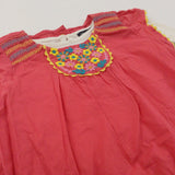 Embroidered Flowers Coral Pink Cotton Blouse & Cream Long Sleeve Top Set- Girls 6-7 Years