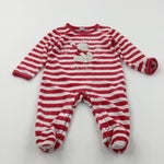'Christmas Cuddles' Winnie The Pooh Appliqued Red & White Striped Velour Babygrow - Boys/Girls 0-3 Months