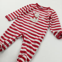 'Christmas Cuddles' Winnie The Pooh Appliqued Red & White Striped Velour Babygrow - Boys/Girls 0-3 Months