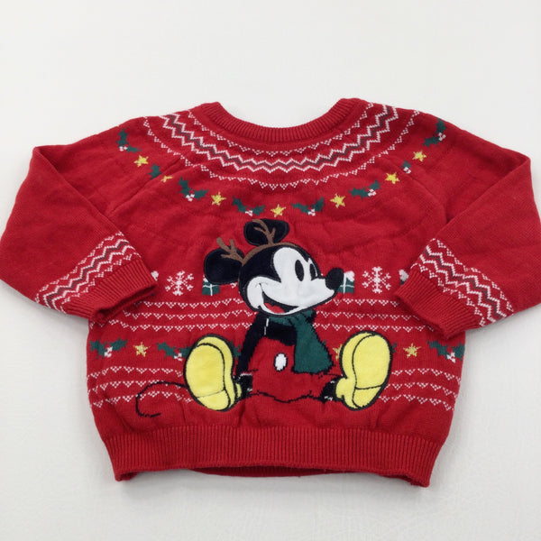 Mickey Mouse Appliqued Red Knitted Christmas Jumper - Boys/Girls 9-12 Months
