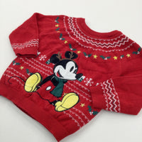 Mickey Mouse Appliqued Red Knitted Christmas Jumper - Boys/Girls 9-12 Months