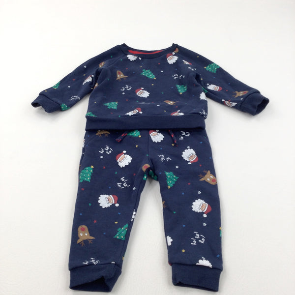 Father Christmas, Trees & Reindeer Navy Tracksuit Set - Boys/Girls 9-12 Months