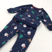 Father Christmas, Trees & Reindeer Navy Tracksuit Set - Boys/Girls 9-12 Months