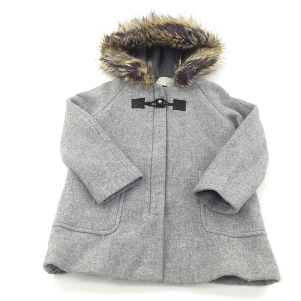 Grey Coat with Faux Fur Hood - Girls 10 Years
