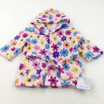 **NEW** Colourful Flowers Pink Fluffy Fleece Dressing Gown with Hood - Girls 12-18 Months