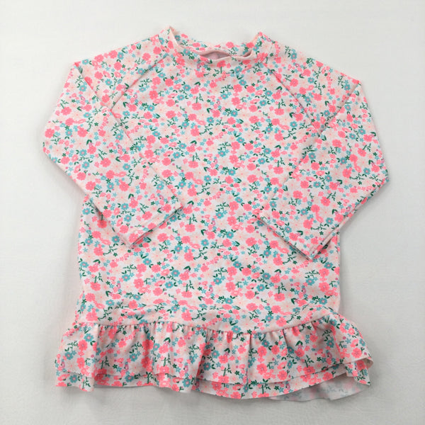 Flowers Coral Long Sleeve Swimming Top - Girls 6-7 Years