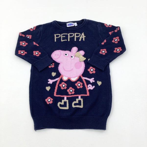 'Peppa' Colourful Flowers Navy Knitted Dress - Girls 12-18 Months